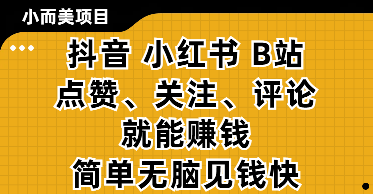 小而美的项目，抖音、小红书、B站视频点赞、关注、评论就能赚钱，简单无脑立见收益！妥妥的零撸项目-芸启轻创