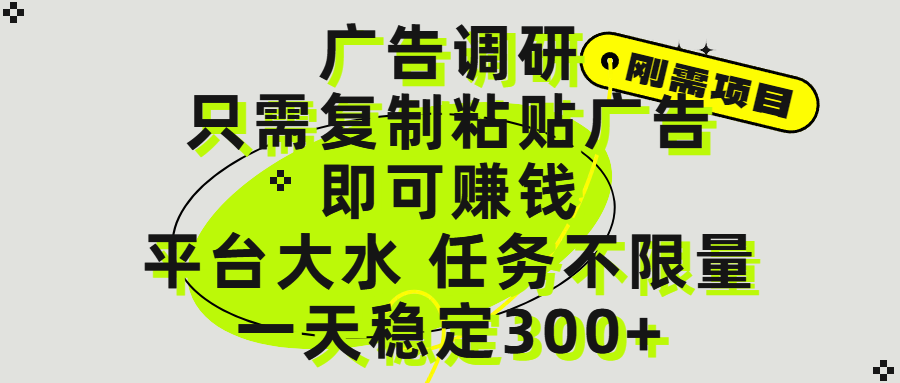 广告调研项目，只需复制粘贴广告即可赚钱，平台大水，任务不限量，一天300+-芸启轻创