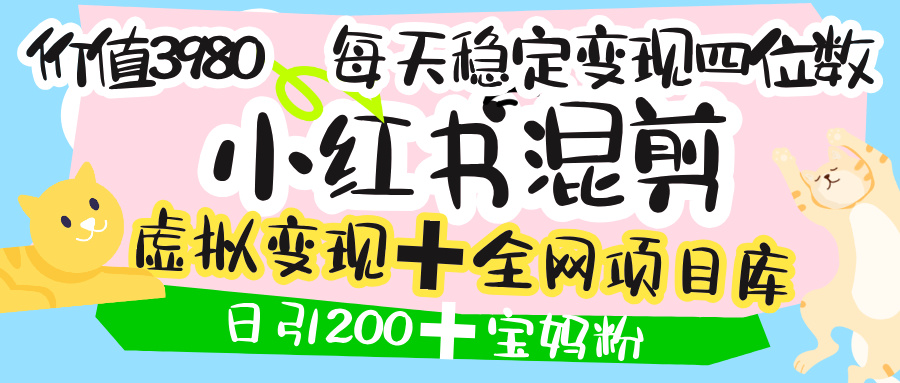 价值3980的小红书混剪， 虚拟变现 ＋全网项目库 ， 日引200+宝妈创业粉，每天稳定四位数变现-芸启轻创