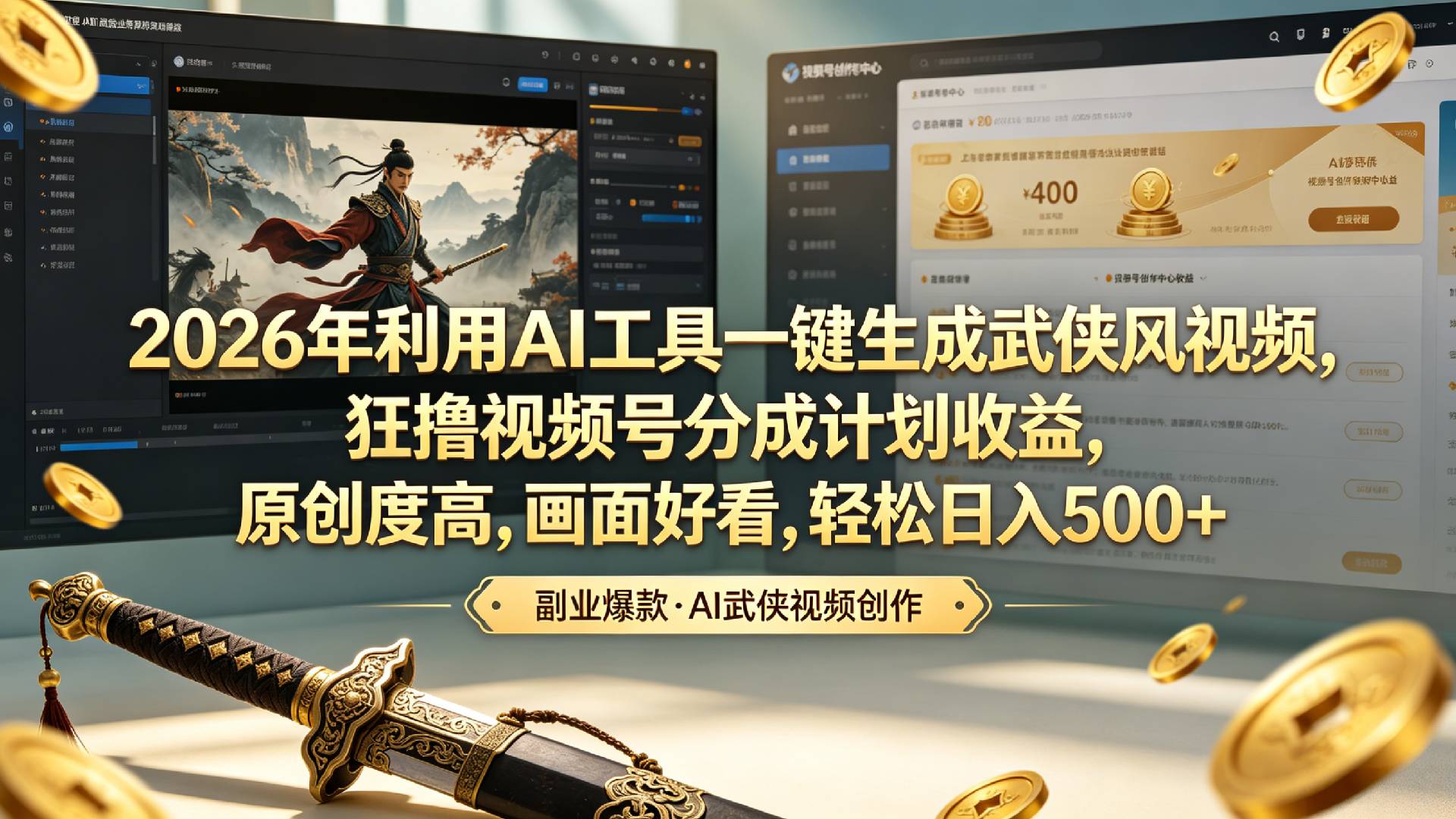 2026年利用AI工具一键生成武侠风视频，狂撸视频号分成计划收益，原创度高，画面好看，轻松日入500+-芸启轻创