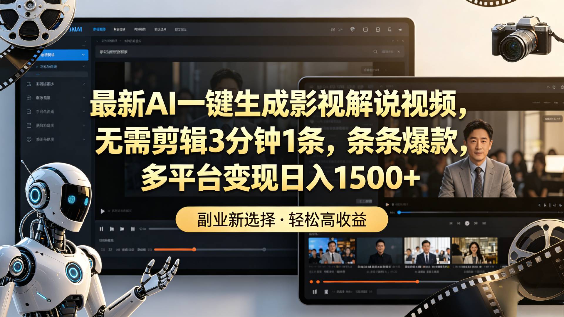 最新AI一键生成影视解说视频,无需剪辑3分钟1条,条条爆款,多平台变现日入1500+-芸启轻创